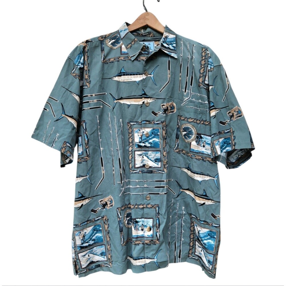 Vtg Aftco Bluewater Shirt Men’s XL Swordfish Hawaiian Blue Button Down USA Made
